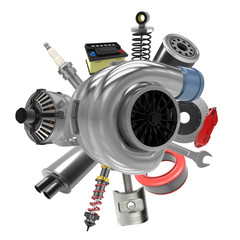 Car parts on white background. 3D rendering