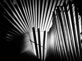 lighted wood strips spiraling B&W