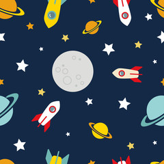 Fototapeta na wymiar Rockets and Planets in Space. Vector Pattern