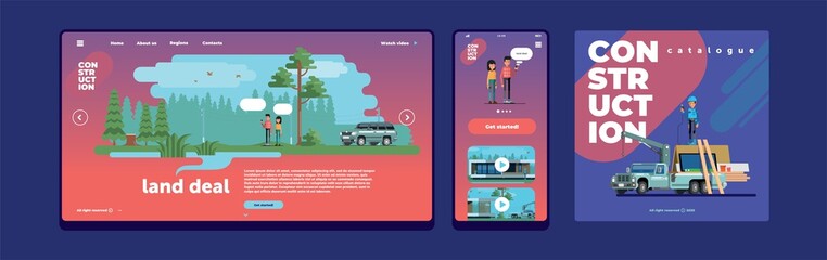 Vector flat illustration - country house construction, builders and pickup, inside the site template, mobile screen mockup, layout catalogue cover