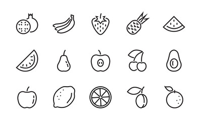 Fruit Icon Set, Vector lines, Contains icons such as apple, banana, cherry, lemon, watermelon, Avocado Editable stroke, 48x48 pixels, White background, eps 10
