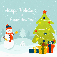 Snowman in winter forest next to Christmas tree and gifts. Vector Christmas greeting card