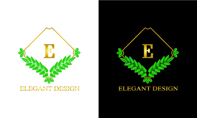 Design of magnificent ancient monogram. Decorative ornament on dark and light background with letter E. Gold and black pattern of brand, business sign, restaurant, boutique, hotel, emblem, jewelry.