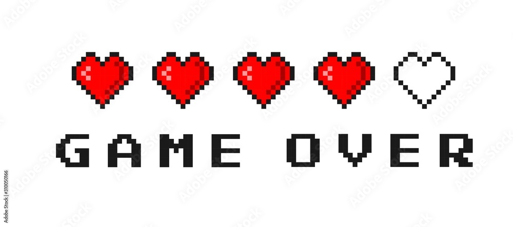 Fototapete game over text isolated on cloud blue background. pixel game life bar. vector art 8 bit health heart