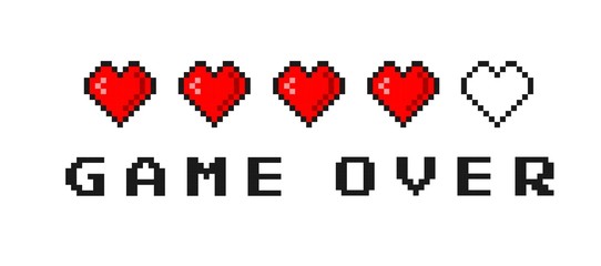 Game over text isolated on cloud blue background. Pixel game life bar. Vector art 8 bit health heart bar. Gaming controller, symbols set. © Yuliia