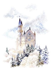 Watercolor winter landscape with castle
