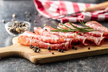 Sliced salami. Sausage meat.