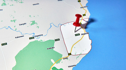Malindi, Kenya on a map showing a colored pin