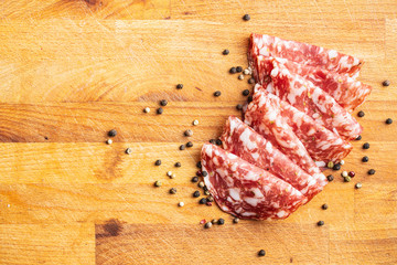 Sliced salami. Sausage meat.