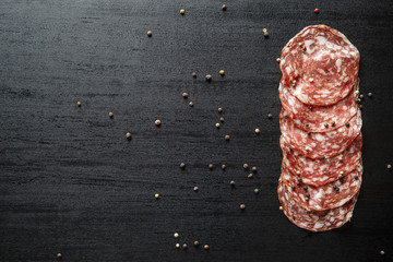 Sliced salami. Sausage meat.