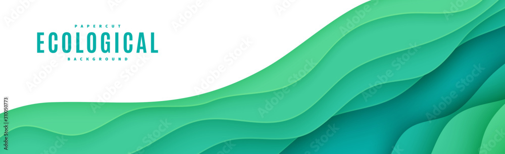 Wall mural abstract green horizontal banner in cut paper style. cutout grass wave template for save the earth f