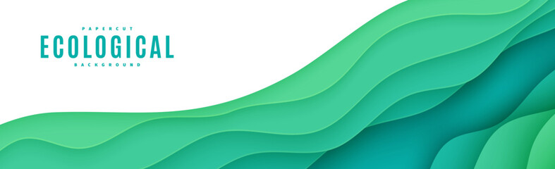 Abstract green horizontal banner in cut paper style. Cutout grass wave template for save the Earth flyer, ecology brochures, presentations, invitations with place for text .Vector card illustration © A_Y_N