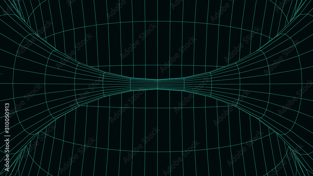 Poster vortex. vector perspective curved grid. wireframe abstract tunnel. 3d vector wormhole with a mesh st