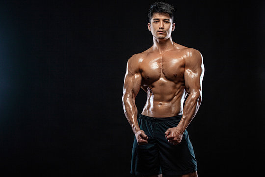 Athlete bodybuilder. Strong and fit man. Sporty muscular guy on black background. Sport and fitness motivation. Individual sports recreation.