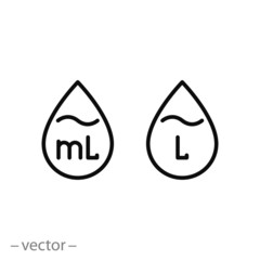 liter icon, drop liquid, fluid volume l and ml, capacity water, thin line web symbol on white background - editable stroke vector illustration eps10
