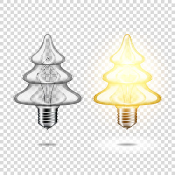 Set of realistic transparent light bulb - christmas tree, isolated.