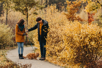 Young couple with a red cat on a background of an autumn park.