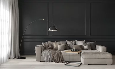 Foto op Plexiglas Gray living room with a beige cozy sofa © J.Zhuk