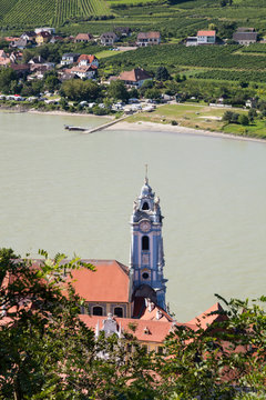 Austria, Lower Austria, Wachau, Durnstein, Durnstein Abbey, Collegiate church and Danube river