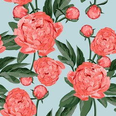 Floral Seamless Pattern with Coral Orange Peonies and leaves. Spring Blooming Flowers on Vintage blue Background.