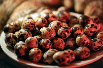 Quail eggs in a plate on the background of quails.