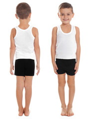 Collage of little boy in underwear on white background