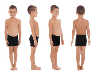 Collage of cute little boy in underwear on white background © New Africa