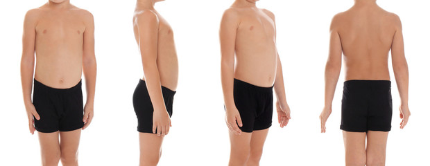 Collage of little boy in underwear on white background