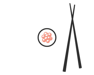 Chopsticks with sushi roll. Sushi piece with chopsticks vector web icon isolated on white background, EPS 10, top view