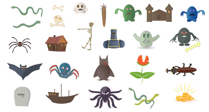 Set of monsters and other details. Skeletons, bats and snakes in cartoon and flat style. Vector stock illustration. Illustration for computer games. Icon set of monsters. White background.