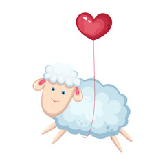 Cute cartoon lamb is flying on a red air balloon.