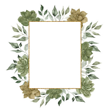Geometry golden frames with watercolor hand draw branches of green leaves and succulents, isolated on white background
