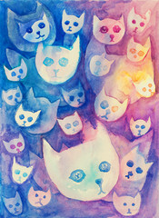 Cats' faces watercolor background. Negative painting technique.