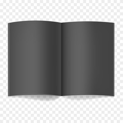 Black vector realistic opened book, journal or magazine mockup with sheet of A4. Blank open pages of sketchbook or notebook template for men elegant catalog, brochure design