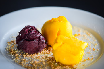 tasty home made mango & chocolate ice cream with biscuits