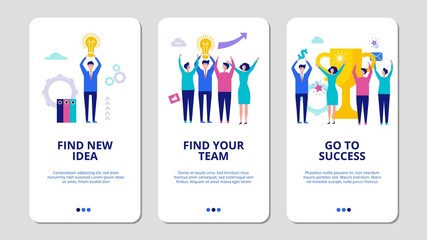 Fototapeta premium Start up concept. Find your team mobile app pages. Vector business success illustration. Team and idea for new business, creative teamwork