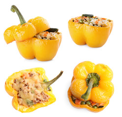 Set of delicious stuffed bell peppers on white background