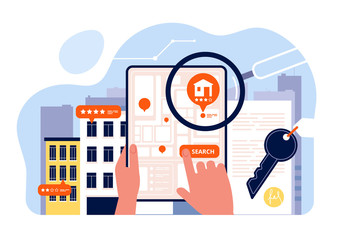 Real estate searching. Houses rent viewing on mobile device screen app search house vector concept isometric. House search sale, real property estate illustration