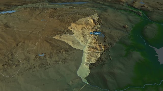 Manicaland - province of Zimbabwe with its capital zoomed on the physical map of the globe. Animation 3D