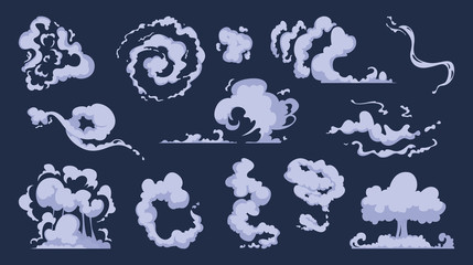 Cartoon smoke. Vfx comic bang clouds explosion of bomb speed storm motion wind vector art collection. Illustration smoke comic, cartoon bubble motion and fog © ONYXprj
