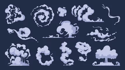 Poster Cartoon smoke. Vfx comic bang clouds explosion of bomb speed storm motion wind vector art collection. Illustration smoke comic, cartoon bubble motion and fog © ONYXprj