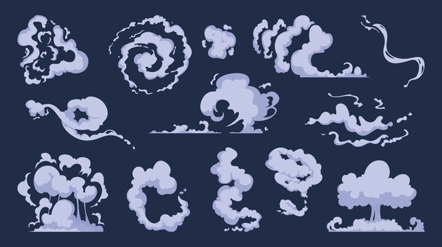 Cartoon smoke. Vfx comic bang clouds explosion of bomb speed storm motion wind vector art collection. Illustration smoke comic, cartoon bubble motion and fog
