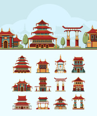China houses. Traditional east buildings beautiful roof japan architectural objects vector flat illustrations. Japan building, chinese traditional house