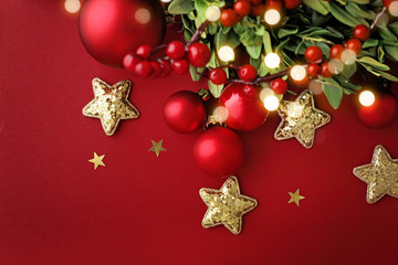 christmas ornaments on red background