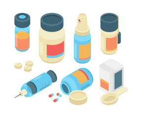 Drugs pills isometric. Pharmaceutical healthcare 3d items emergency doctor tools for clinic medication use vector collection. Illustration medical pill, isometric drug and health pharmaceutical