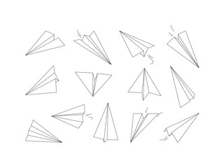 Linear paper planes. Drawing origami aircraft transport air vector collection. Illustration paper plane drawing, linear origami airplane