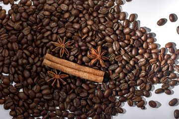 coffee beans. roasted coffee. cinnamon and anise on a light background.