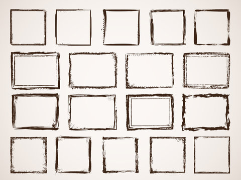 Grunge borders. Damage framing scratchy shapes brushes style vector hand drawn set. Frame border stroke, grunge paint shape illustration