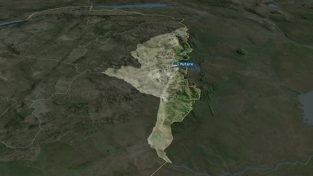Manicaland - province of Zimbabwe with its capital zoomed on the satellite map of the globe. Animation 3D