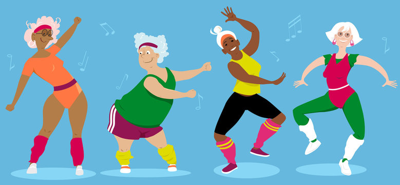 Women-only senior aerobic group workout, EPS 8 vector illustration
